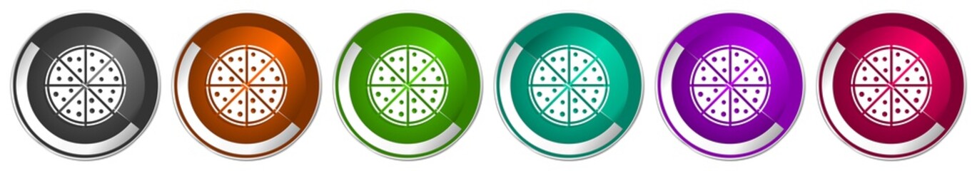 Poster - Pizza icon set, food, restaurant silver metallic chrome border vector web buttons in 6 colors options for webdesign