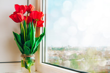 Red Tulips In Vase On The Windowsill Bright, Country Style, In Sunlight, Bouquet For Easter Decoration Against An Open Background