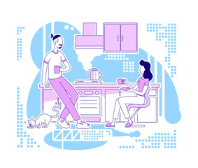 Wall Mural - Morning coffee flat silhouette vector illustration. Man and woman in kitchen drink tea. Family recreation inside home. Couple outline characters on blue background. Weekend simple style drawing