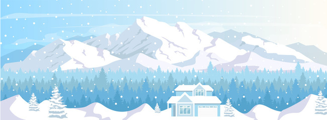 Ski resort house flat color vector illustration. Winter vacation. Lodge in snow mountains landscape. 2D cartoon characters with snowy peaks and coniferous forest on background