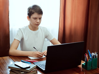 Wall Mural - Student looking at computer, watching online education classes or webinar at home. Schoolboy studying with laptop and doing school homework. Distance and e-learning education concept, online lessons