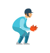 Cricket Game Player In Helmet Ready To Catch Ball Into Red Sportive Gloves. Vector Sportsman Playing Famous English Sport, Isolated Cartoon Style Character