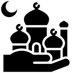 Wall Mural - Mosque on hand icon, ramadan festival related vector