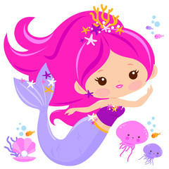 Beautiful mermaid and sea animals. Vector illustration