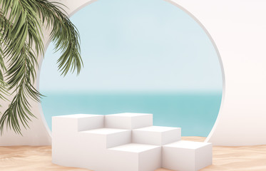 Leinwandbilder - Natural summer beach backdrop with white stair and palm tree for product display. Abstract 3d summer scene. sea view.