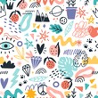 © Good Studio - Colorful various plants, symbols and doodle design elements seamless pattern vector flat illustration. Bright different hand drawn fruit, heart, star, eye and trendy curve on white background