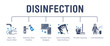 Disinfection tips poster with flat icons. Vector illustration included icon as washing hands, disinfect doorhandle with sanitizer spray, wet cleaning. Medical infographics for virus prevention