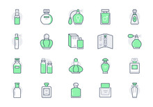 Perfume Bottles Line Icons. Vector Illustration Included Icon As Glass Sprayer, Luxury Parfum Sampler, Essential Oil, Cologne Outline Pictogram For Cosmetic Store. Green Color, Editable Stroke