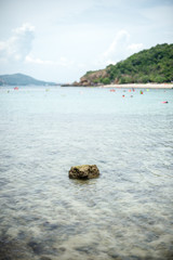 Closeup of alone stone on the sea with mountain landscape