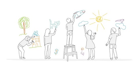 Kids paint drawings on the wall. Line drawing vector illustration.