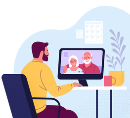 Wall Mural - Video call. Vector illustration of a man talking with his elderly parents via computer from home in trendy flat style. Isolated on background