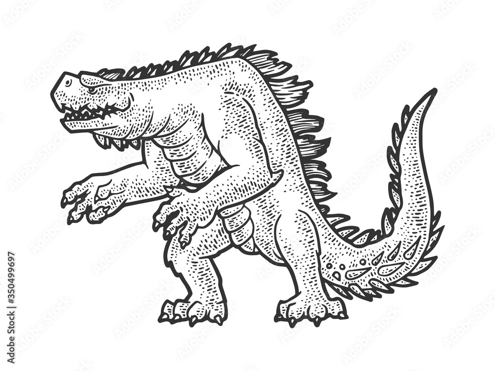 Cartoon dinosaur monster animal sketch engraving vector illustration. T-shirt apparel print design. Scratch board imitation. Black and white hand drawn image. - obrazy, fototapety, plakaty 
