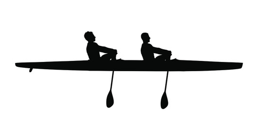 Teamwork of two kayakers paddling double kayak in competition race vector silhouette isolated. Sport man crew in kayak boat racing. Weekend team building on river. Sport canoe duo rowing in sprint. 