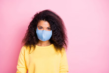 Closeup Photo Of Pretty Attractive Trend Modern Hipster Person Wear Pastel Color Jumper Facial Quarantine Safety Cotton Mask Having Good Mood Isolated Background