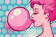 © squaredot_art - Close up of a woman with pink bubble gum. Pop art vector vintage illustration.