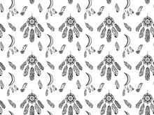 Seamless Pattern Of Black Contour Dream Catchers And Crescents With Hanging Bird Feathers And Magic Crystals In A Hand-drawn Zentangle Style On A White Background. Vector.