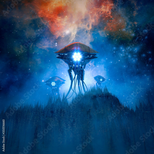 Obraz na plátně Invaders by night / 3D illustration of retro science fiction scene with giant al