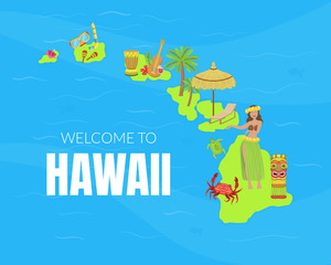 Poster - Welcome to Hawaii Banner Template, Hawaiian Traveling Symbols and Attractions Vector Illustration