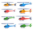 Helicopters Aircrafts Collection, Flying Colorful Choppers, Air Transportation Flat Vector Illustration
