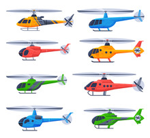 Helicopters Aircrafts Collection, Flying Colorful Choppers, Air Transportation Flat Vector Illustration