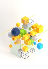 Wall Mural - Abstract 3d render visualization background, template modern composition of geometric shapes in isometric . Cube, sphere, cylinder, line.