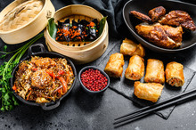 Chinese Cuisine Dishes Set, Food Black Background. Chinese Noodles, Dumplings, Peking Duck, Dim Sum, Spring Rolls. Famous. Top View