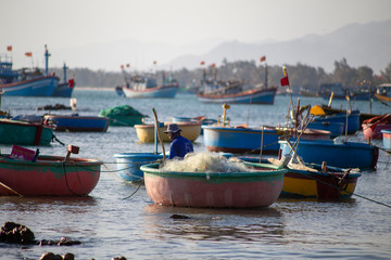 Vietnamese boat placed on a tropical beach 