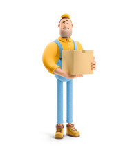 3d Illustration. Cartoon Character. Deliveryman In Overalls  Holds A Box With A Parcel In His Hands.