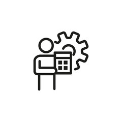 Sticker - Man with calculator line icon. Gear, budget automation, accounting. Finance and accounting concept. Can be used for topics like money, accounting service, budget program.