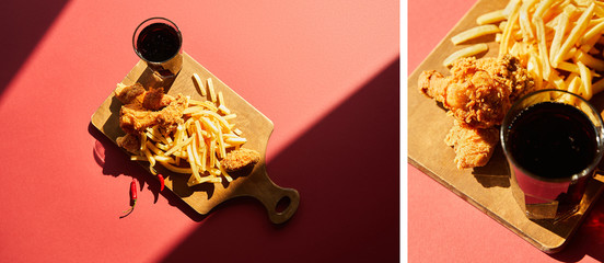 Sticker - collage of spicy deep fried chicken and french fries served on wooden cutting board with soda in sunlight