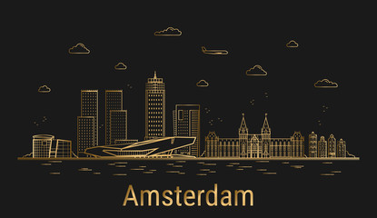 Sticker - Amsterdam city line art, golden architecture vector illustration, skyline city, all famous buildings.