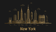 New York City Line Art, Golden Architecture Vector Illustration, Skyline City, All Famous Buildings.