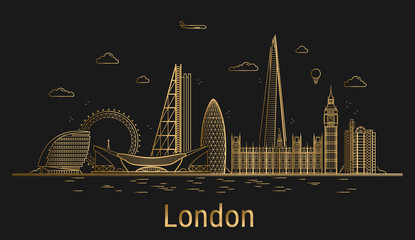 Wall Mural - London city line art, golden architecture vector illustration, skyline city, all famous buildings.