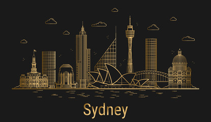 Sticker - Sydney city line art, golden architecture vector illustration, skyline city, all famous buildings.