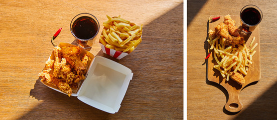 Wall Mural - collage of deep fried chicken, french fries in cardboard containers and on board near soda in glass on wooden table in sunlight