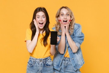 Two shocked young women girls friends in casual t-shirts denim clothes posing isolated on yellow background. People lifestyle concept. Hold mobile phone with blank empty screen, put hands on cheeks.