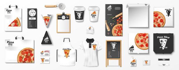 Mockup set for pizzeria, cafe or restaurant. Realistic branding set of pizzeria flyer, uniform, pizza box, menu, cardboard package. Pizza mockup elements Top view. vector illustration