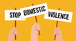 © Анна Безрукова - Hands holding a banner on a yellow background. Protest against domestic sexual violence. Protection of women. Victimism. Social problems .Vector illustration.