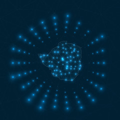 Zimbabwe digital map. Glowing rays radiating from the country. Network connections and telecommunication design. Vector illustration.