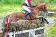 Eventing: equestrian rider jumping over an a brance fence water obstacle in splash