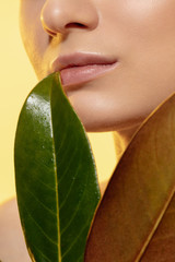 Wall Mural - Close up of beautiful young woman with green leaves on white background. Concept of cosmetics, makeup, natural and eco treatment, skin care. Shiny and healthy skin, fashion, healthcare.