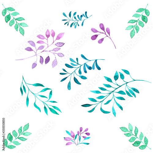 decorative watercolor elements leaves and flowers, tender pastel spring summe...