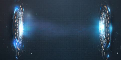 Aufkleber - Futuristic neon circles, portal. Hologram of space or cyberspace for presentations or video games. Abstract style, circle on blue background. Technology communication design innovation background. HUD