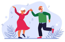 Funny Elderly Couple Dancing Flat Vector Illustration. Cartoon Old People Having Fun Together. Lifestyle, Party And Activity Concept