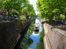 London- Canal Boats In Little Venice, A Tranquil Waterside Area With Cafes And Restaurants 