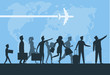 Immigration. Mini people migrate to developed countries. The concept of migration of people against the background of the Earth. Vector illustration
