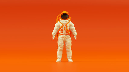 Wall Mural - white orange spacewoman spaceman classic spacesuit astronaut cosmonaut with warm orange background 3