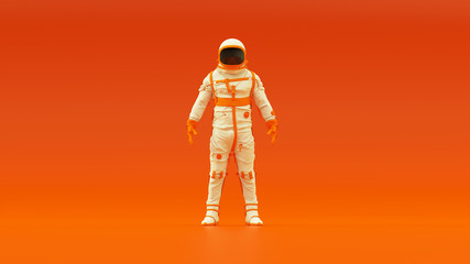 Wall Mural - white orange spacewoman spaceman retro spacesuit astronaut cosmonaut with warm orange background 3d 