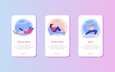 Mobile UX UI interface template, application interface framework. Vector illustration for web design. Stylized cartoon characters. Heroes are engaged in fitness, yoga, relax at home and read.