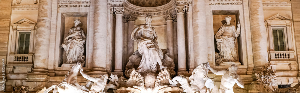 panoramic concept of trevi fountain with ancient sculptures in rome - obrazy, fototapety, plakaty 